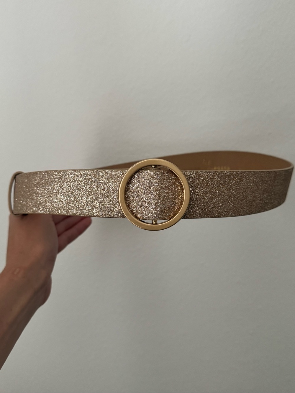 Rachel Parcell Champagne Glitter Belt with Round Gold Buckle